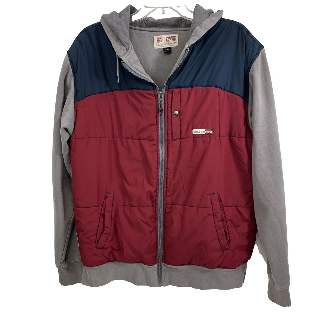 Volcom Scout Men's Puffer Hoodie Jacket Size L Red Blue Gray Full Zip Y2K